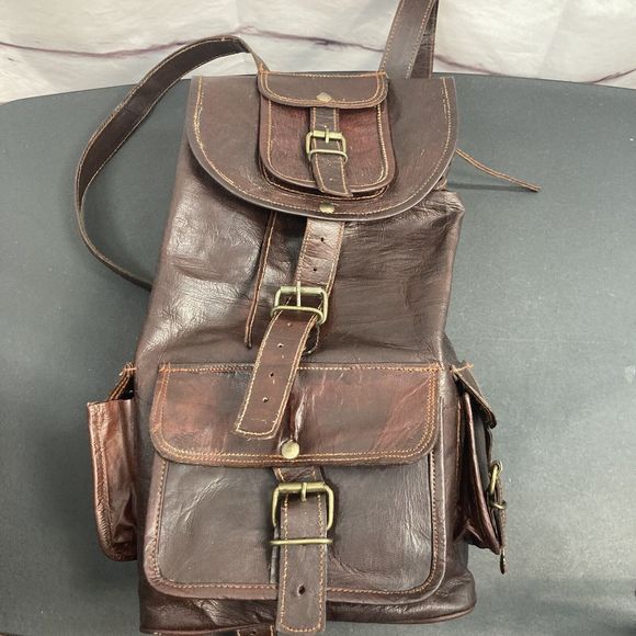 Genuine Leather Backpack Purse Pockets Adjustable Drawstring Buckle Brown Soft - Picture 3 of 14